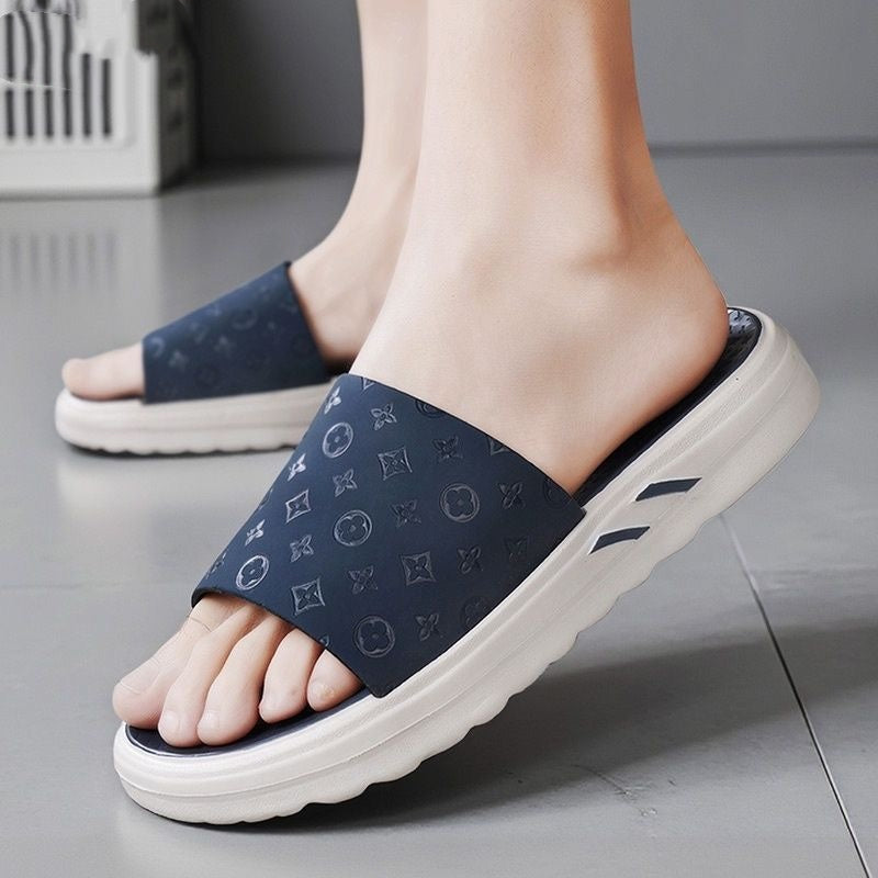 【#A338】Embossed Platform Slide Sandals, Minimal Casual Unisex Anti-slip Slippers Indoor Outdoo