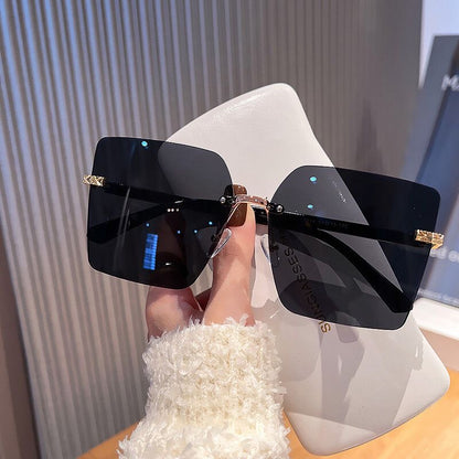 【#A341】Rimless Square Gradient Sunglasses, Luxury Carved Metal Temple UV Protection Shades