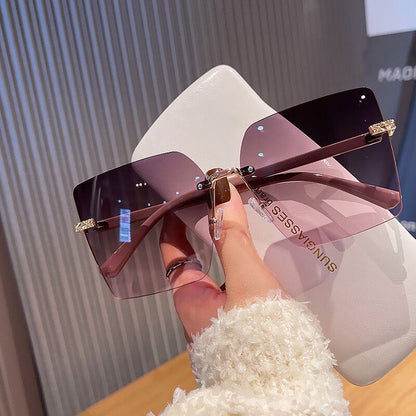 【#A341】Rimless Square Gradient Sunglasses, Luxury Carved Metal Temple UV Protection Shades