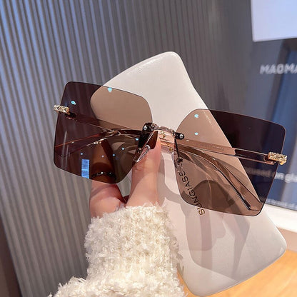 【#A341】Rimless Square Gradient Sunglasses, Luxury Carved Metal Temple UV Protection Shades