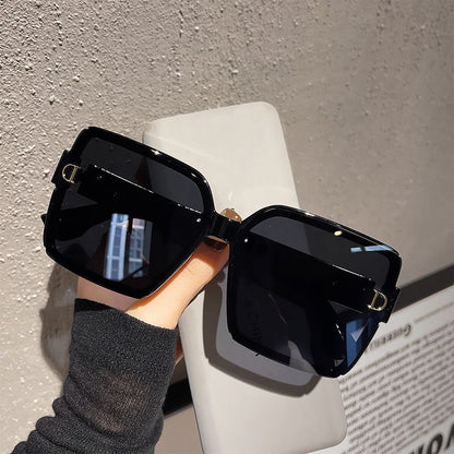 【#A342】Oversized Square Metal Detail Sunglasses, Retro Wide Frame Face Slimming Outdoor Shades