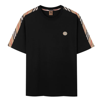 【#A344】Vintage Plaid Spliced Crew Neck T-shirt, Unisex Loose Casual Embroidered Short Sleeve Top
