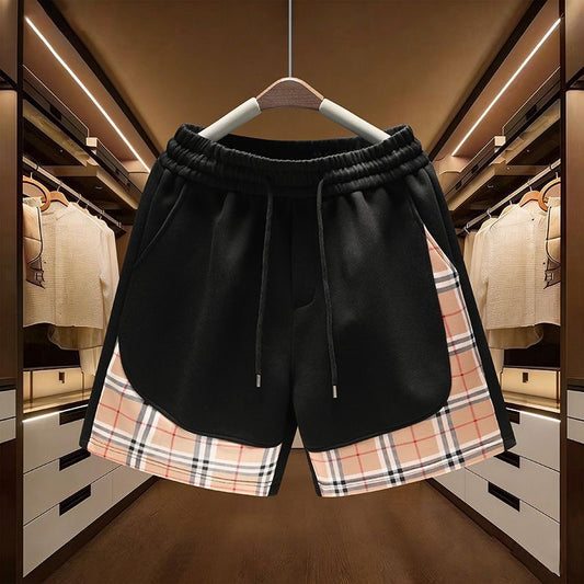 【#A345】Vintage Plaid Spliced Drawstring Shorts, Unisex Loose Casual Sports Sweat Shorts