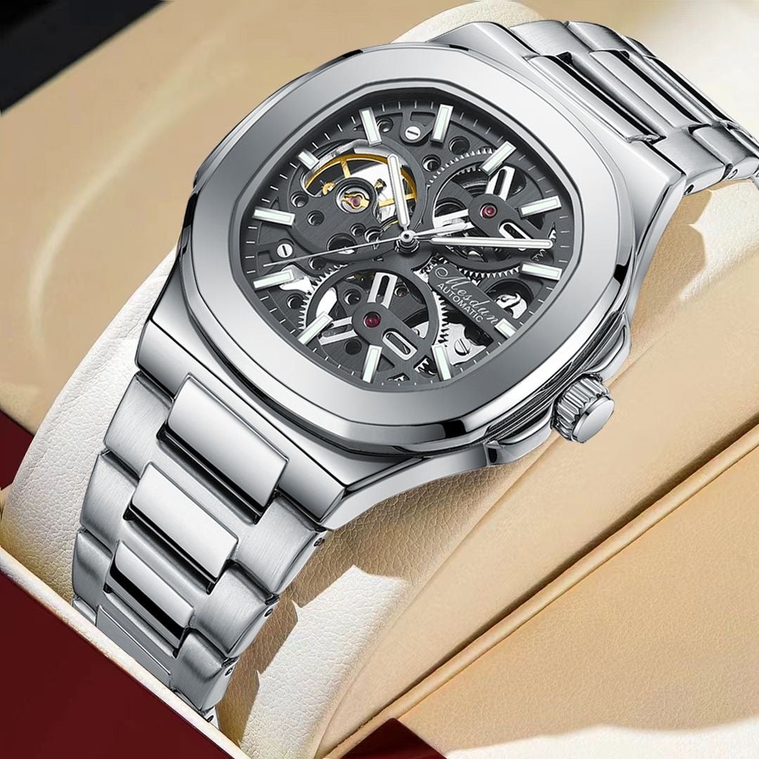 【#A346】Men Hollow Automatic Mechanical Watch, Square Luminous Waterproof Stainless Steel Wrist Watch for Business Casual