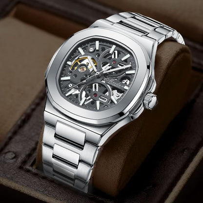 【#A346】Men Hollow Automatic Mechanical Watch, Square Luminous Waterproof Stainless Steel Wrist Watch for Business Casual