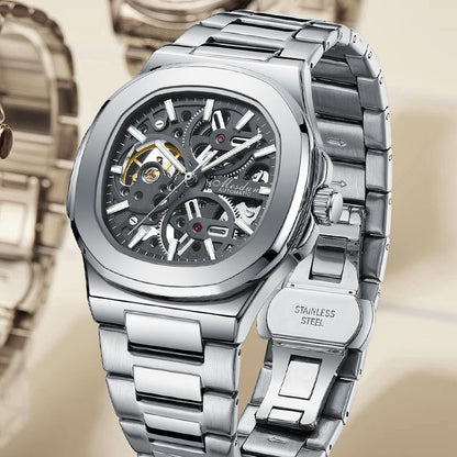 【#A346】Men Hollow Automatic Mechanical Watch, Square Luminous Waterproof Stainless Steel Wrist Watch for Business Casual