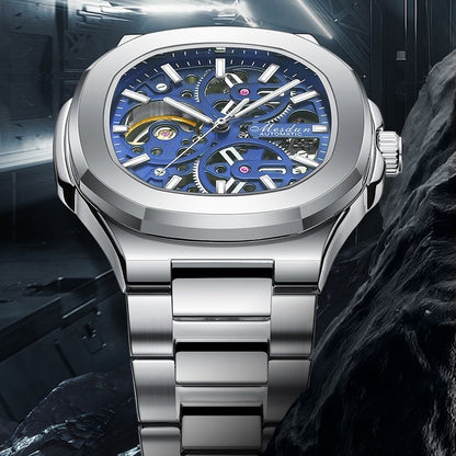 【#A346】Men Hollow Automatic Mechanical Watch, Square Luminous Waterproof Stainless Steel Wrist Watch for Business Casual
