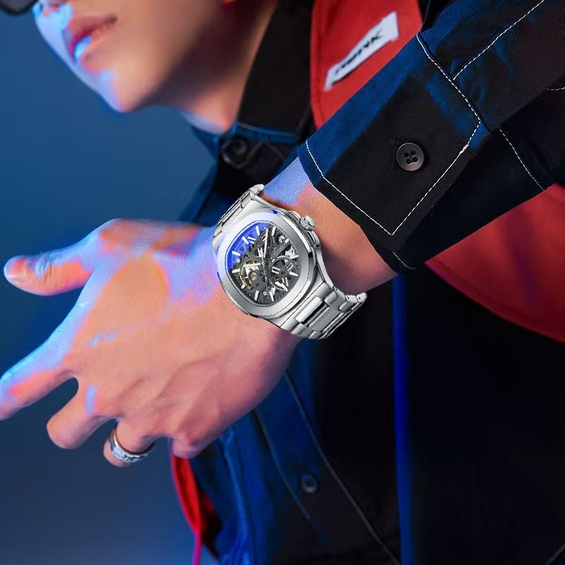 【#A346】Men Hollow Automatic Mechanical Watch, Square Luminous Waterproof Stainless Steel Wrist Watch for Business Casual