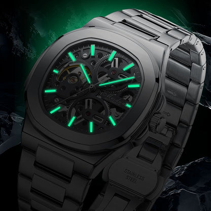 【#A346】Men Hollow Automatic Mechanical Watch, Square Luminous Waterproof Stainless Steel Wrist Watch for Business Casual