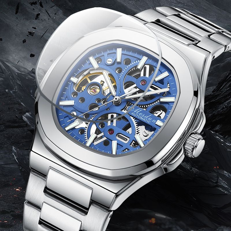【#A346】Men Hollow Automatic Mechanical Watch, Square Luminous Waterproof Stainless Steel Wrist Watch for Business Casual