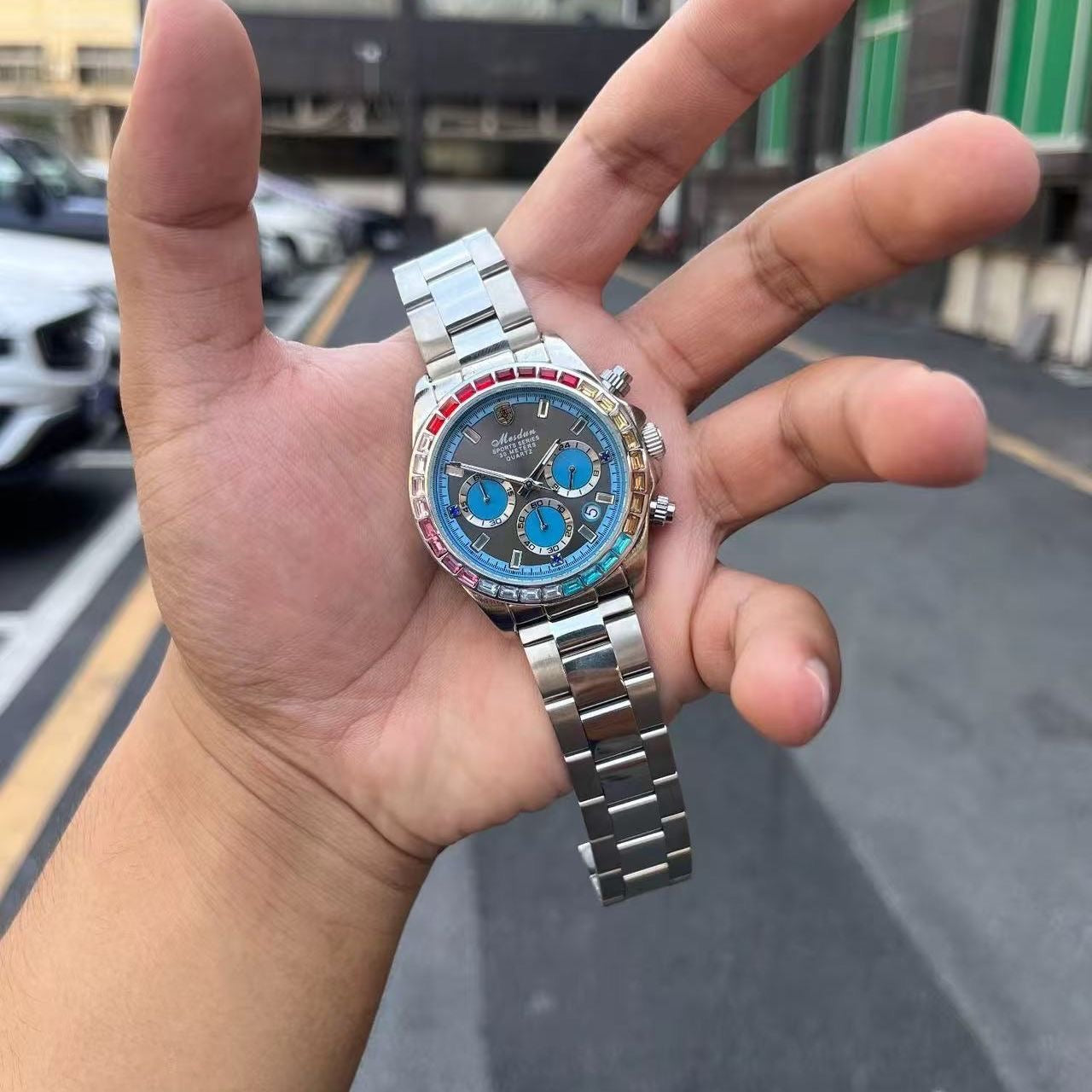 【#A347】Men Rainbow Crystal Bezel Chronograph Quartz Watch, Waterproof Stainless Steel Wrist Watch for Business Sports with Luminous Dial