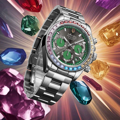【#A347】Men Rainbow Crystal Bezel Chronograph Quartz Watch, Waterproof Stainless Steel Wrist Watch for Business Sports with Luminous Dial
