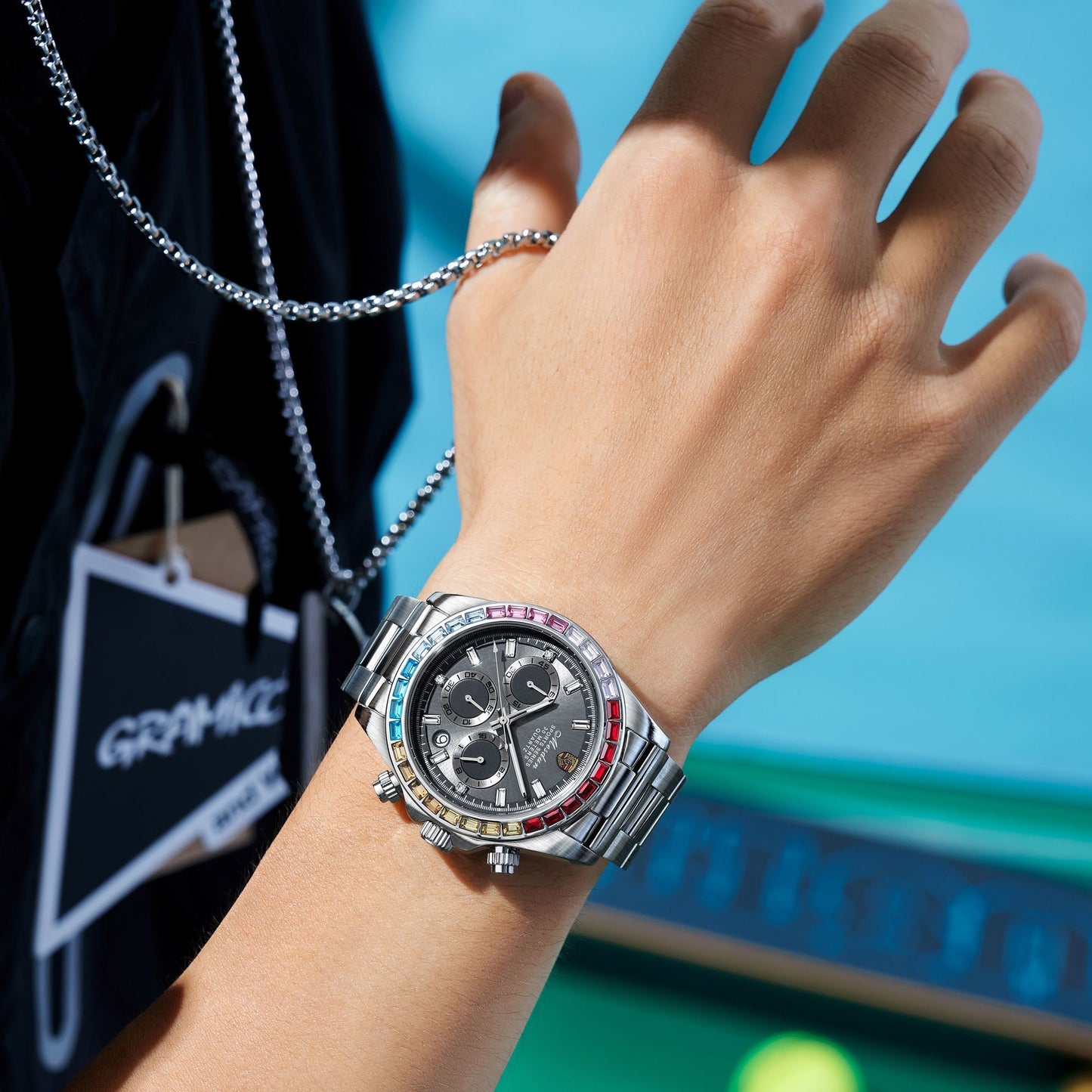 【#A347】Men Rainbow Crystal Bezel Chronograph Quartz Watch, Waterproof Stainless Steel Wrist Watch for Business Sports with Luminous Dial
