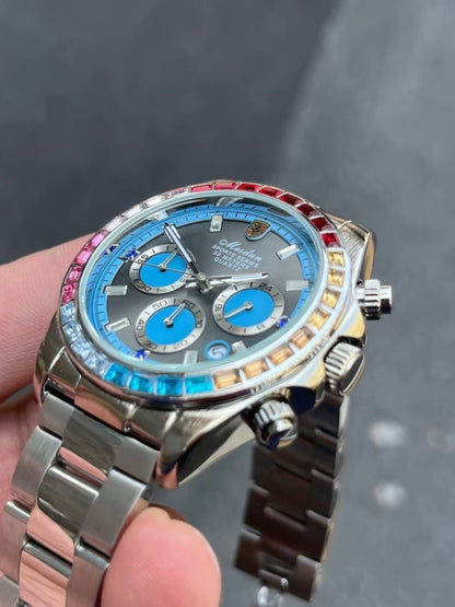 【#A347】Men Rainbow Crystal Bezel Chronograph Quartz Watch, Waterproof Stainless Steel Wrist Watch for Business Sports with Luminous Dial