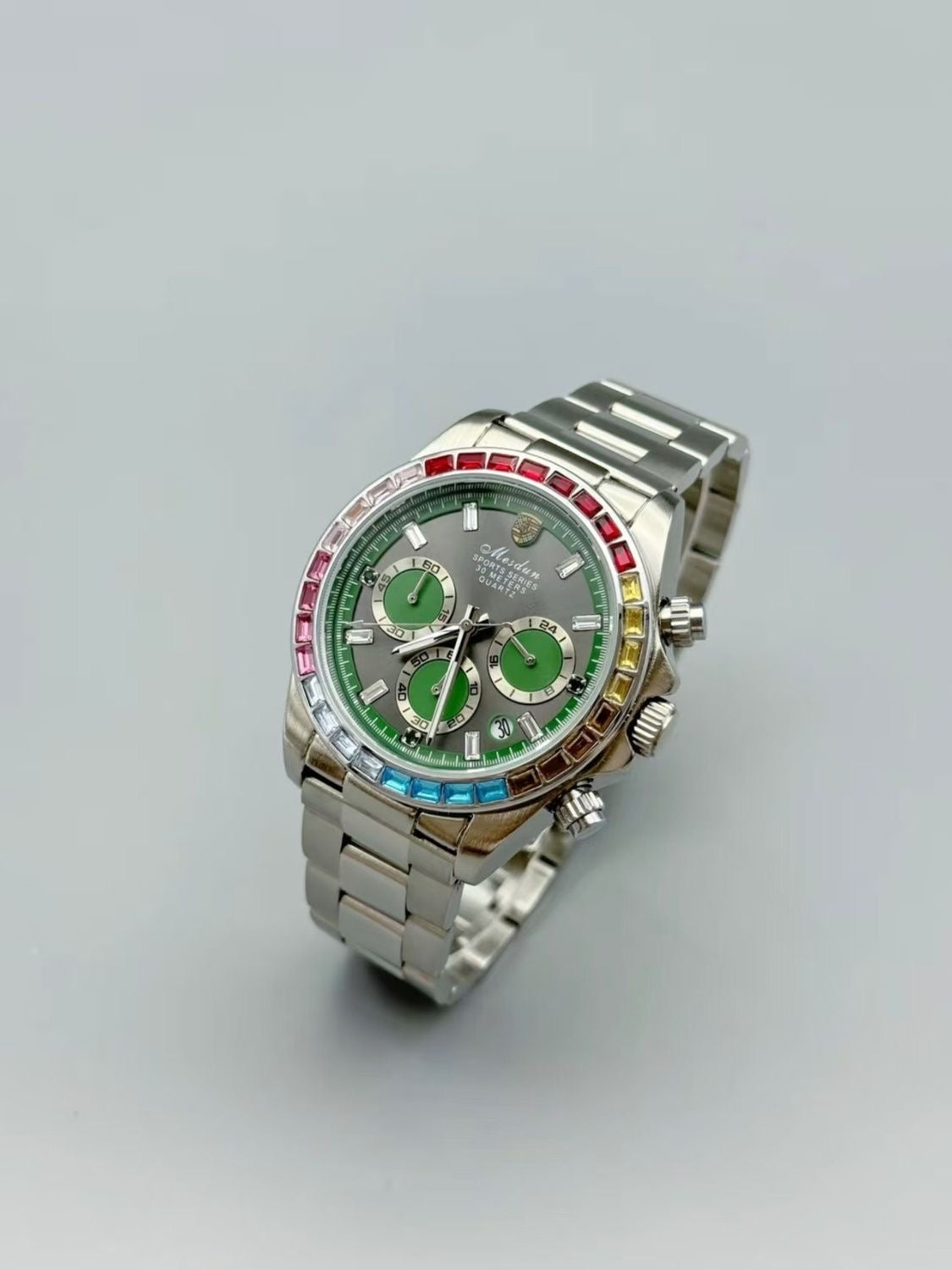 【#A347】Men Rainbow Crystal Bezel Chronograph Quartz Watch, Waterproof Stainless Steel Wrist Watch for Business Sports with Luminous Dial