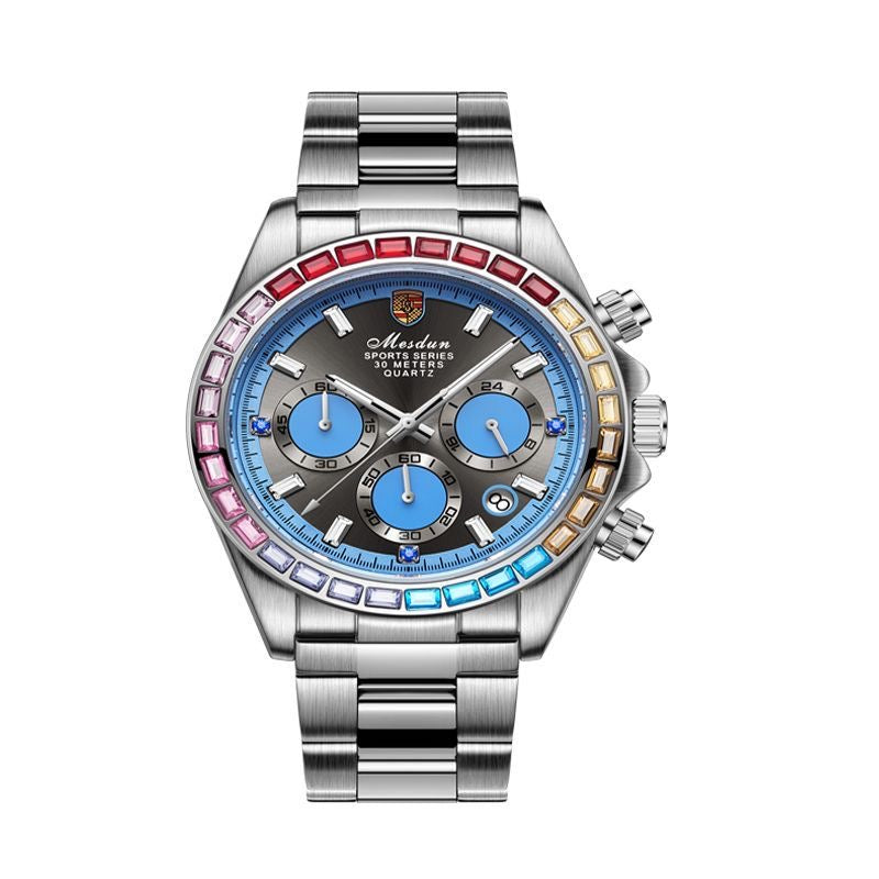 【#A347】Men Rainbow Crystal Bezel Chronograph Quartz Watch, Waterproof Stainless Steel Wrist Watch for Business Sports with Luminous Dial