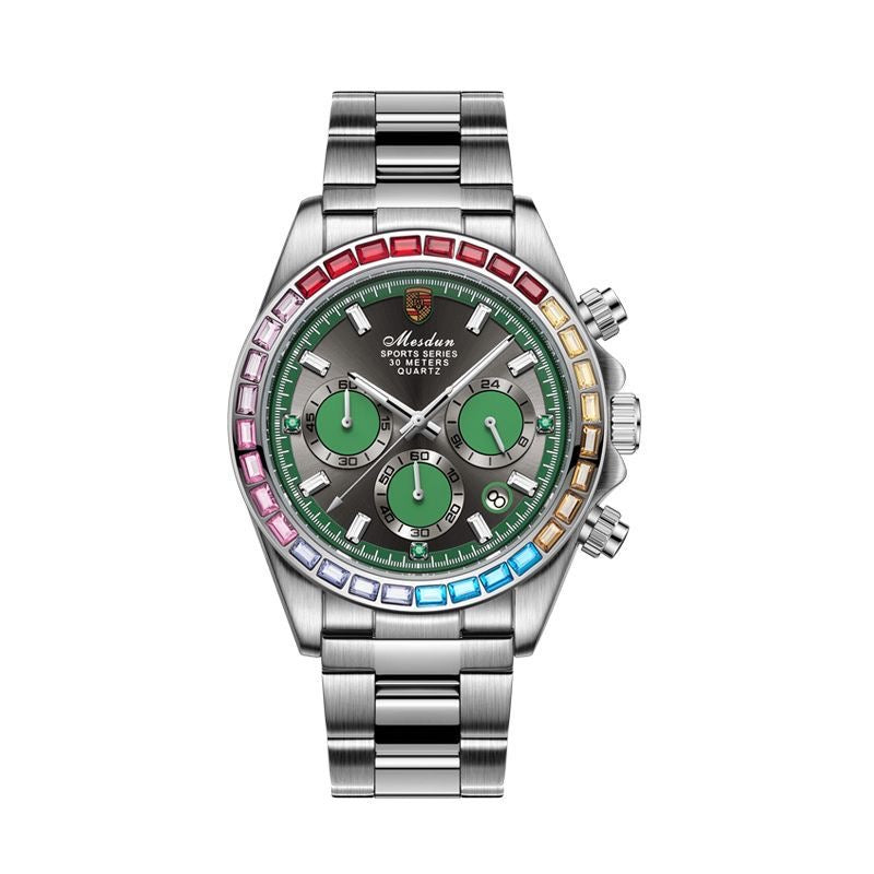 【#A347】Men Rainbow Crystal Bezel Chronograph Quartz Watch, Waterproof Stainless Steel Wrist Watch for Business Sports with Luminous Dial