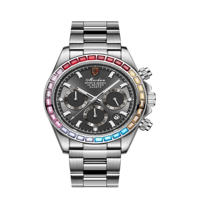 【#A347】Men Rainbow Crystal Bezel Chronograph Quartz Watch, Waterproof Stainless Steel Wrist Watch for Business Sports with Luminous Dial