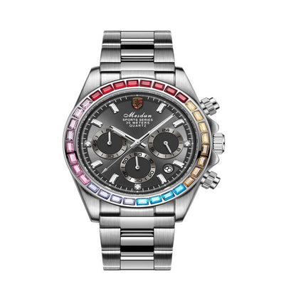 【#A347】Men Rainbow Crystal Bezel Chronograph Quartz Watch, Waterproof Stainless Steel Wrist Watch for Business Sports with Luminous Dial