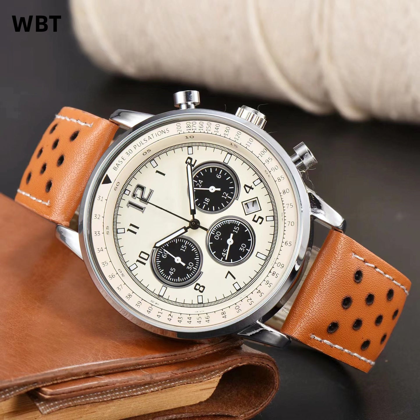 【#A349】Vintage Racing Perforated Leather Chronograph Watch, Men Multi-Function Date Waterproof Sports Wristwatch