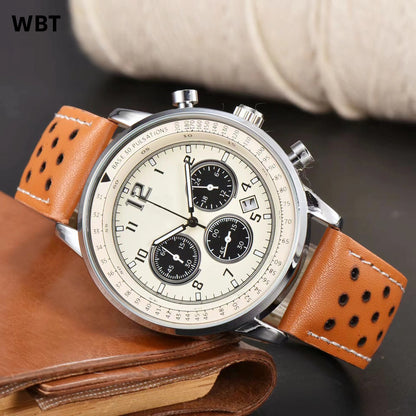 【#A349】Vintage Racing Perforated Leather Chronograph Watch, Men Multi-Function Date Waterproof Sports Wristwatch