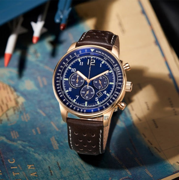 【#A349】Vintage Racing Perforated Leather Chronograph Watch, Men Multi-Function Date Waterproof Sports Wristwatch
