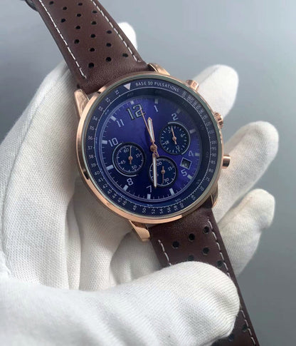 【#A349】Vintage Racing Perforated Leather Chronograph Watch, Men Multi-Function Date Waterproof Sports Wristwatch