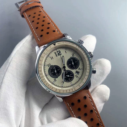 【#A349】Vintage Racing Perforated Leather Chronograph Watch, Men Multi-Function Date Waterproof Sports Wristwatch