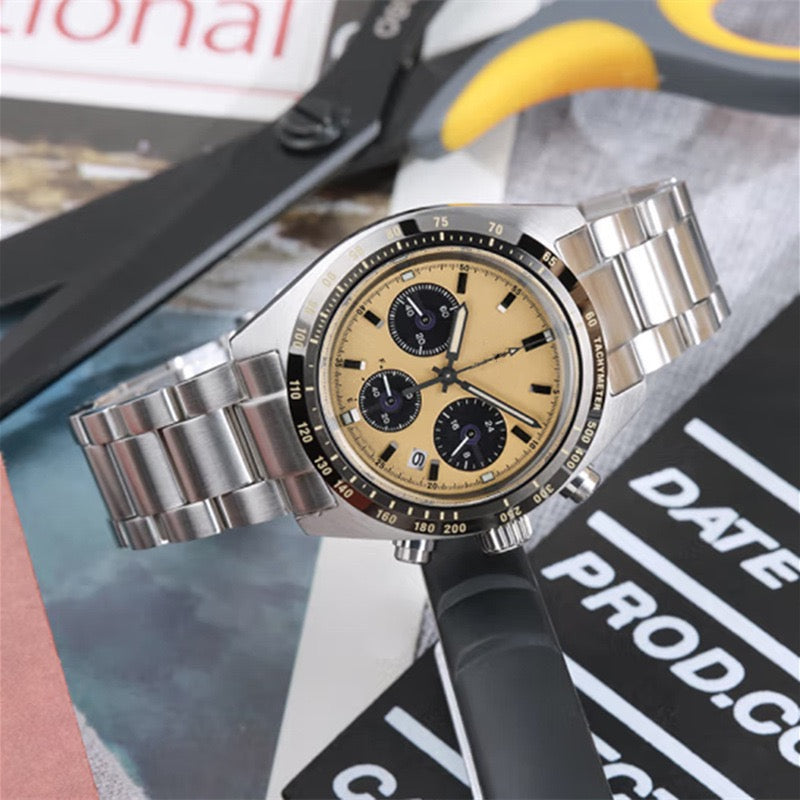 【#A350】Vintage Racing Triple Chronograph Steel Watch, Tachymeter Bezel Waterproof Luminous Men Sports Wristwatch