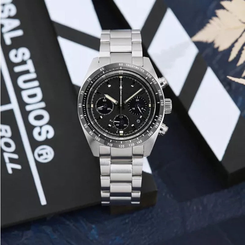 【#A350】Vintage Racing Triple Chronograph Steel Watch, Tachymeter Bezel Waterproof Luminous Men Sports Wristwatch