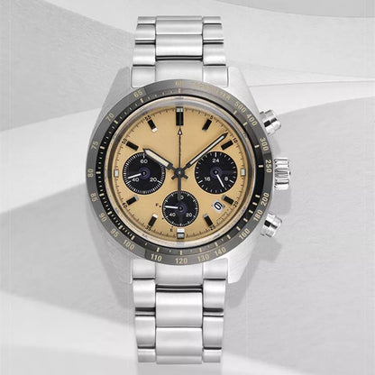 【#A350】Vintage Racing Triple Chronograph Steel Watch, Tachymeter Bezel Waterproof Luminous Men Sports Wristwatch