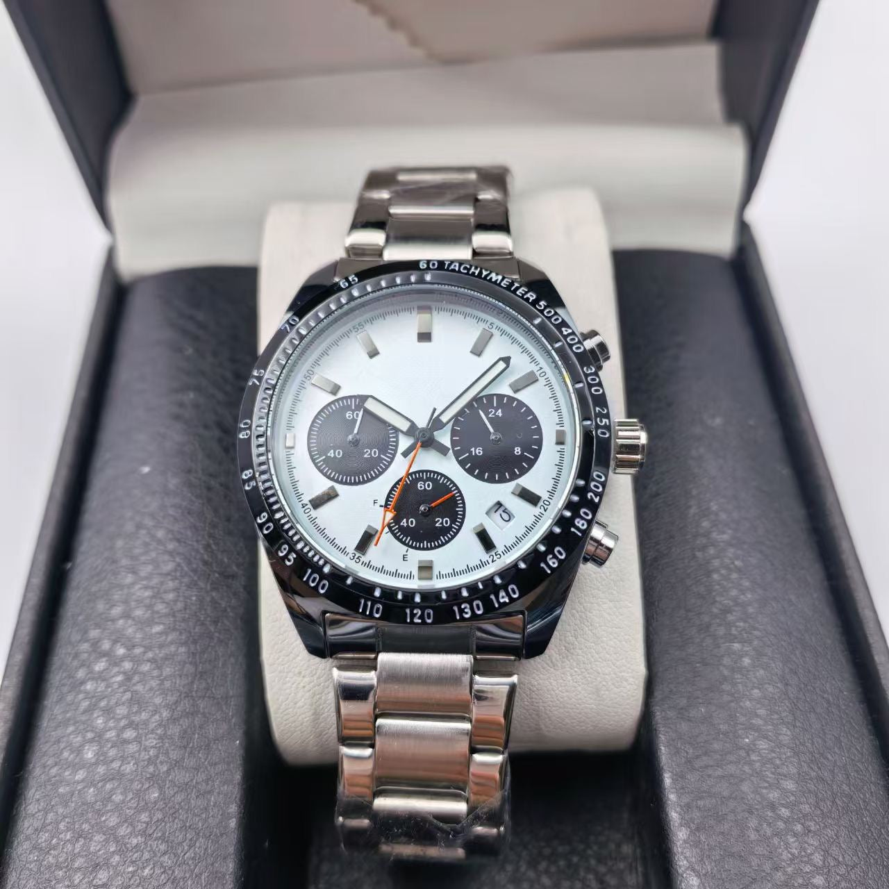 【#A350】Vintage Racing Triple Chronograph Steel Watch, Tachymeter Bezel Waterproof Luminous Men Sports Wristwatch