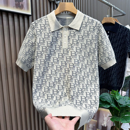 【#A351】All Over Jacquard Knit Short Sleeve Polo Shirt, Unisex Collar Breathable Thin Casual Top