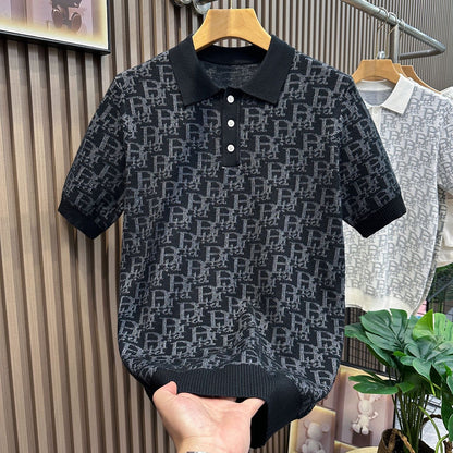 【#A351】All Over Jacquard Knit Short Sleeve Polo Shirt, Unisex Collar Breathable Thin Casual Top