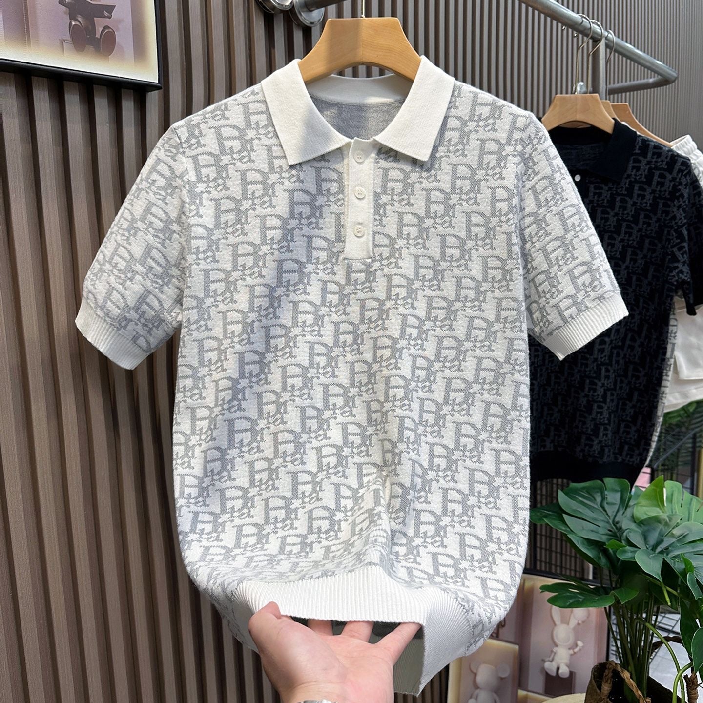 【#A351】All Over Jacquard Knit Short Sleeve Polo Shirt, Unisex Collar Breathable Thin Casual Top