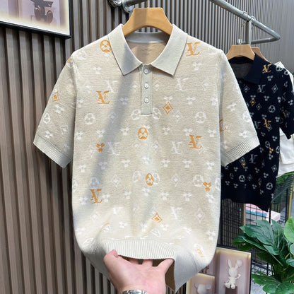 【#A352】Vintage All-Over Geometric Jacquard Knit Polo Tee, Unisex Thin Collared Breathable Casual Top