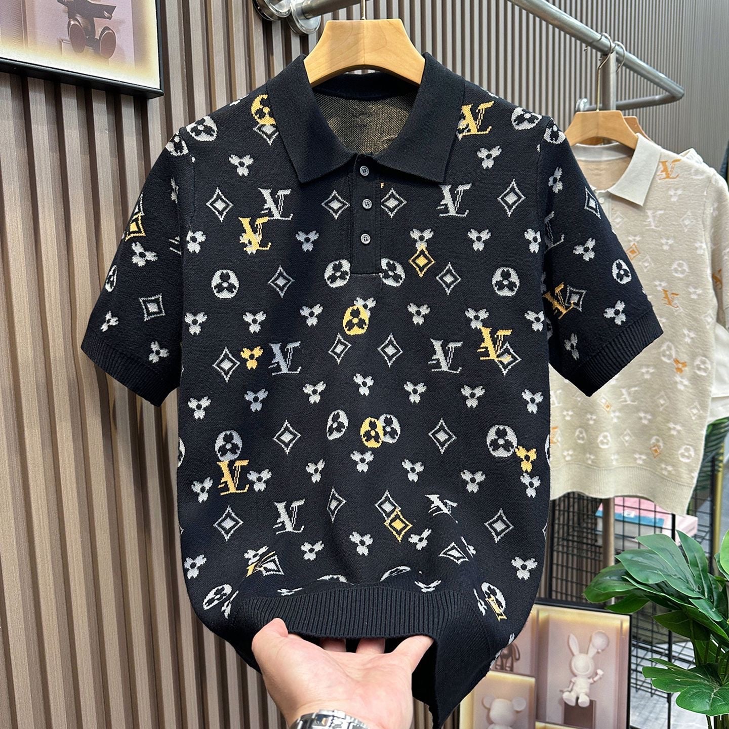 【#A352】Vintage All-Over Geometric Jacquard Knit Polo Tee, Unisex Thin Collared Breathable Casual Top