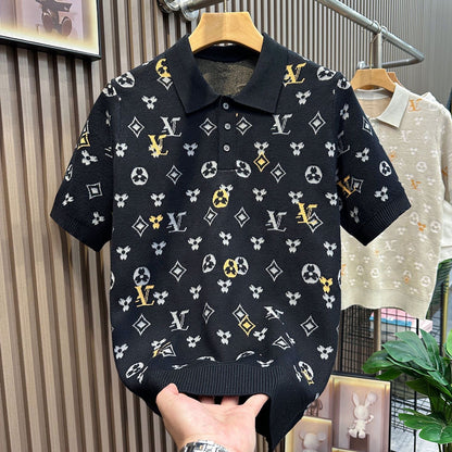 【#A352】Vintage All-Over Geometric Jacquard Knit Polo Tee, Unisex Thin Collared Breathable Casual Top