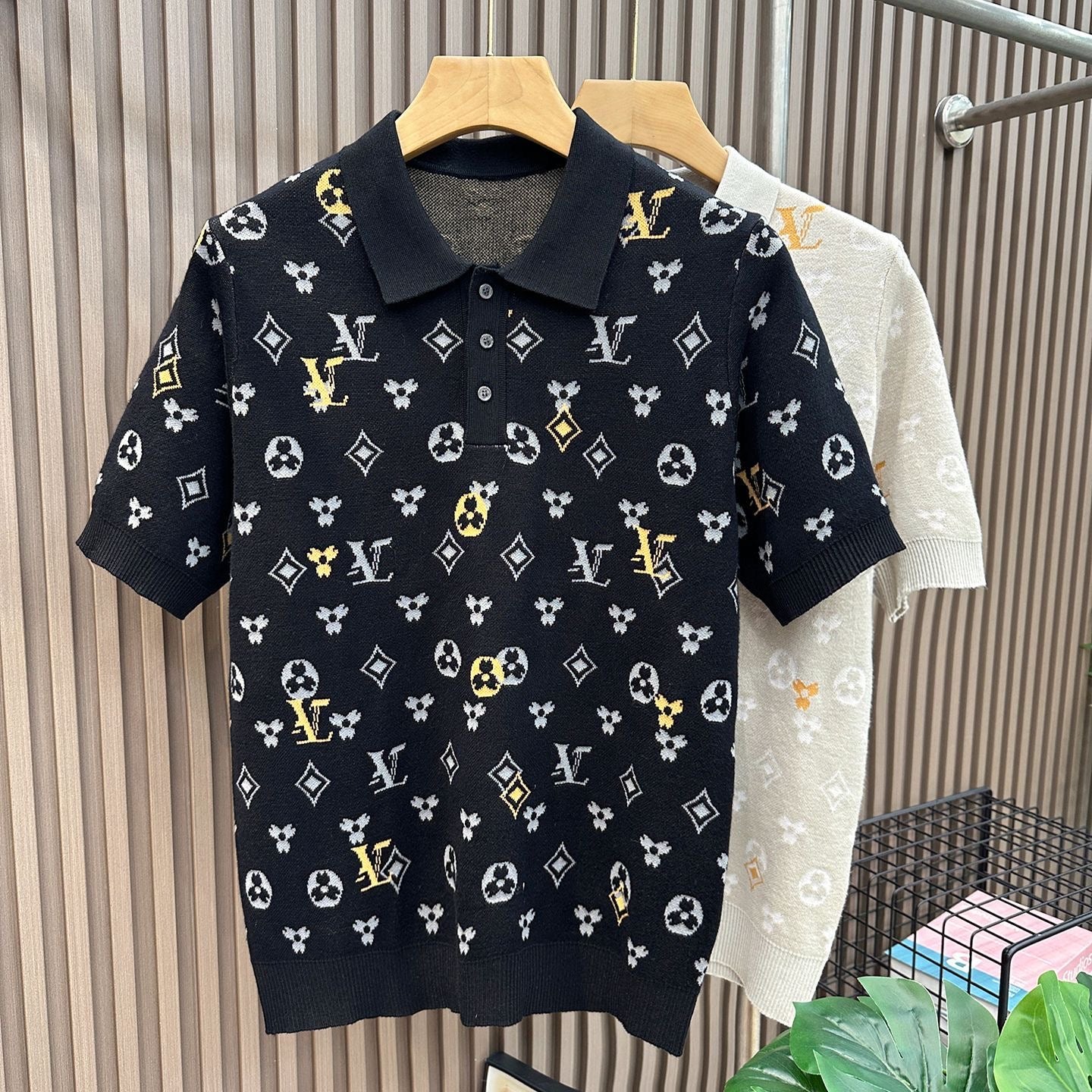【#A352】Vintage All-Over Geometric Jacquard Knit Polo Tee, Unisex Thin Collared Breathable Casual Top