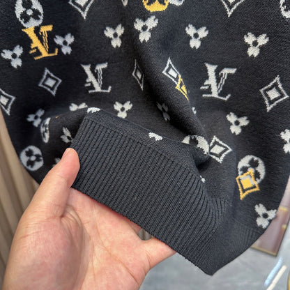 【#A352】Vintage All-Over Geometric Jacquard Knit Polo Tee, Unisex Thin Collared Breathable Casual Top