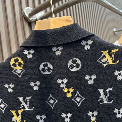 【#A352】Vintage All-Over Geometric Jacquard Knit Polo Tee, Unisex Thin Collared Breathable Casual Top