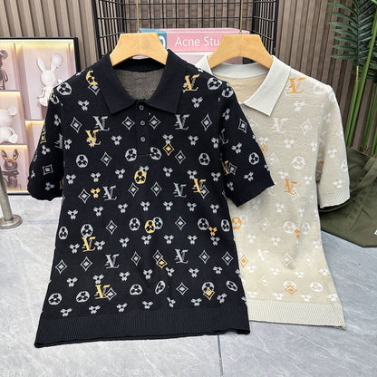 【#A352】Vintage All-Over Geometric Jacquard Knit Polo Tee, Unisex Thin Collared Breathable Casual Top