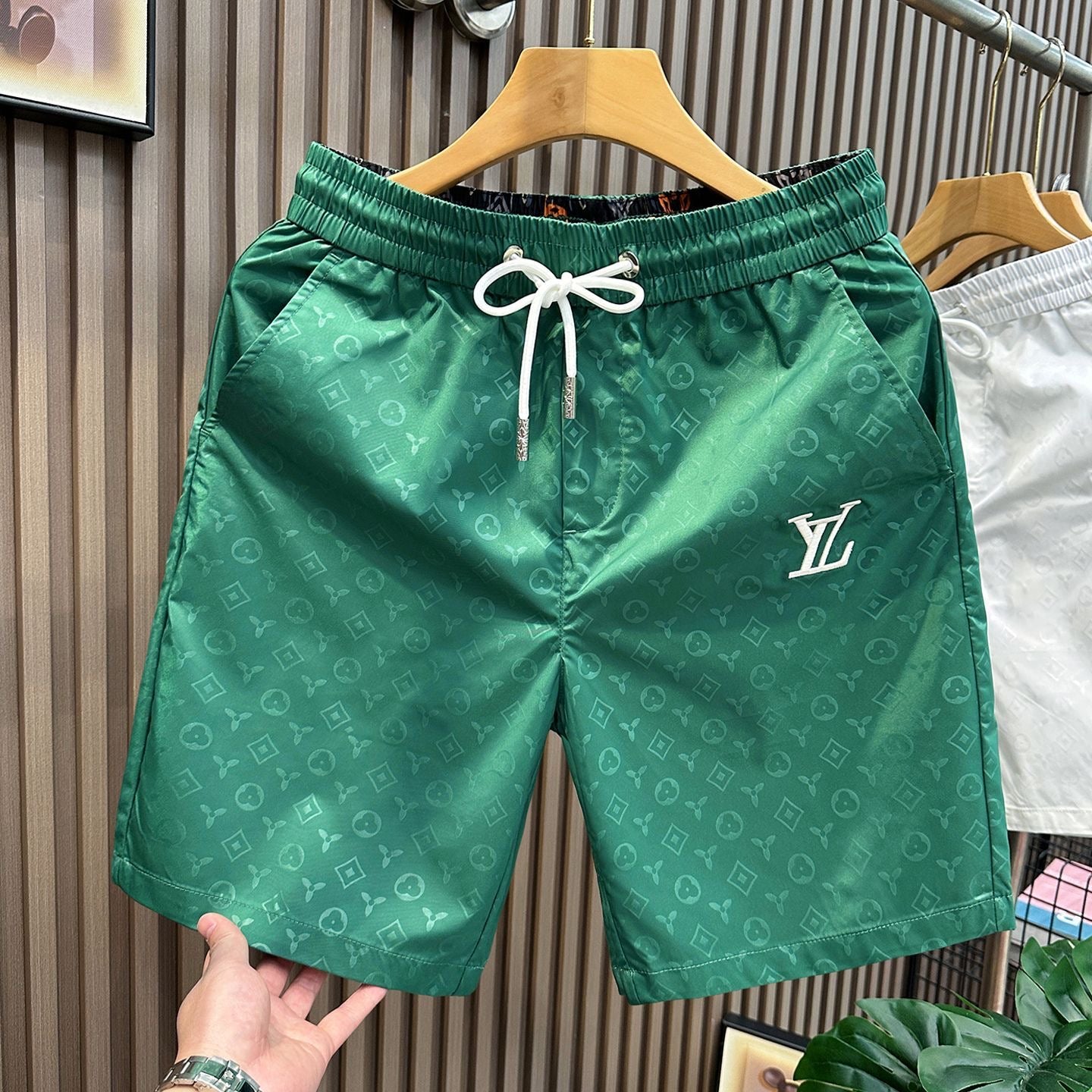 【#A353】Subtle All Over Print Embroidery Quick Dry Shorts, Unisex Elastic Drawstring Thin Casual Beach Shorts