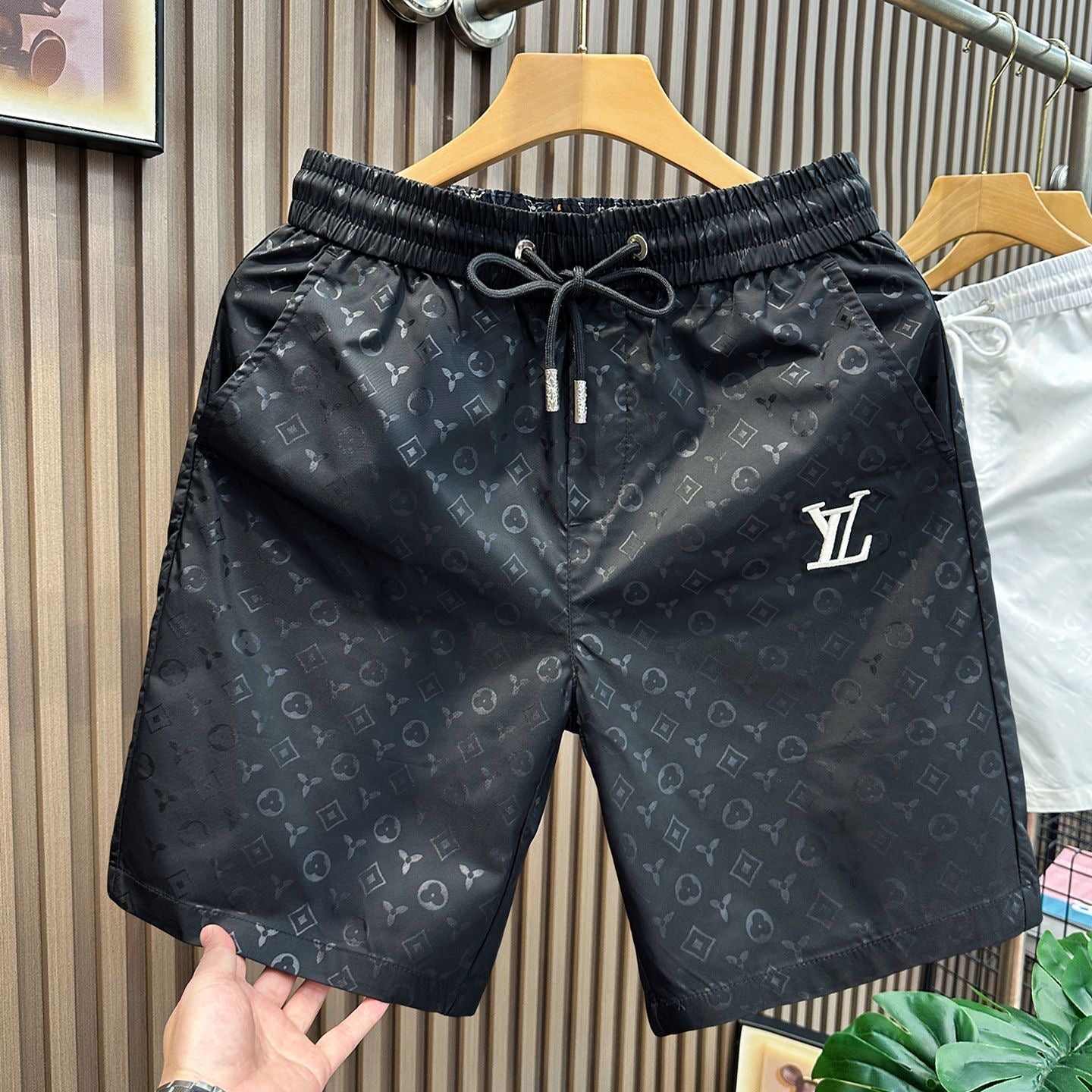 【#A353】Subtle All Over Print Embroidery Quick Dry Shorts, Unisex Elastic Drawstring Thin Casual Beach Shorts