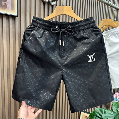 【#A353】Subtle All Over Print Embroidery Quick Dry Shorts, Unisex Elastic Drawstring Thin Casual Beach Shorts