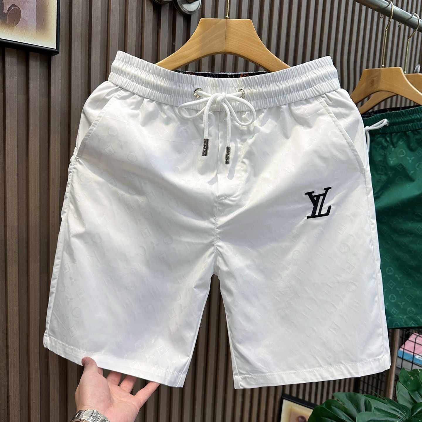 【#A353】Subtle All Over Print Embroidery Quick Dry Shorts, Unisex Elastic Drawstring Thin Casual Beach Shorts
