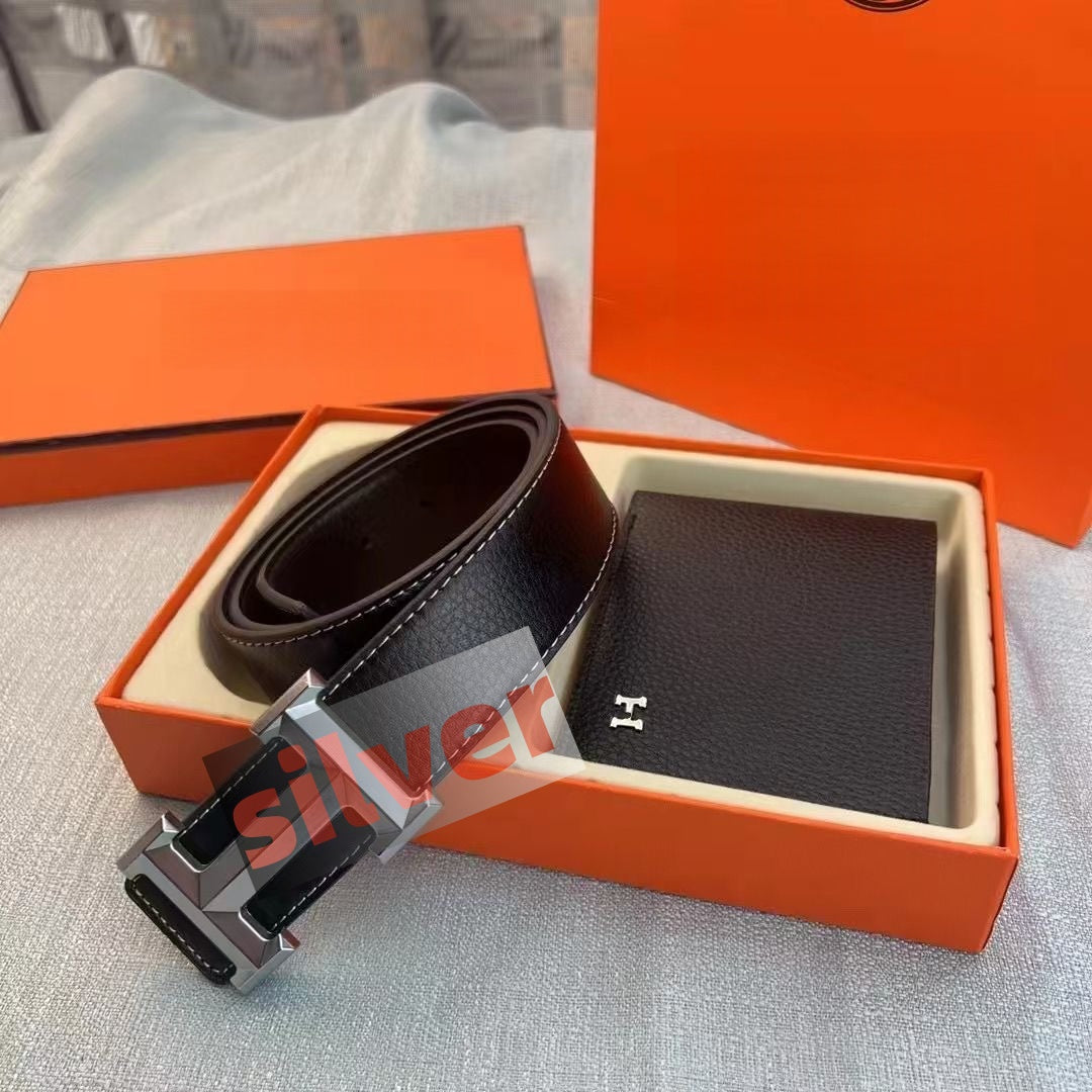 【#A354】Luxury Geometric Metal Buckle Belt & Wallet Gift Set, Men Business Grain Leather Waist Belt Short Purse 2-Piece Kit
