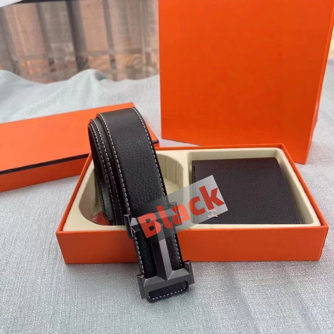 【#A354】Luxury Geometric Metal Buckle Belt & Wallet Gift Set, Men Business Grain Leather Waist Belt Short Purse 2-Piece Kit