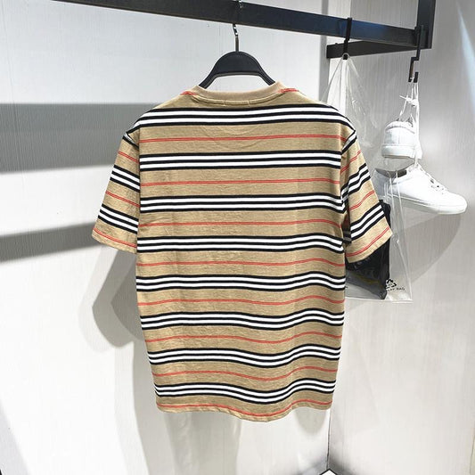【#A355】Vintage Color Block Stripe Crew Neck T-shirt, Unisex Loose Casual Pocket Basic Top