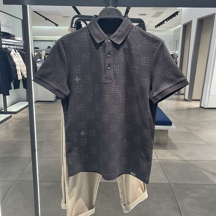 【#A356】Subtle All Over Star Print Collared Polo Short Sleeve, Men Breathable Pique Cotton Business Casual Top